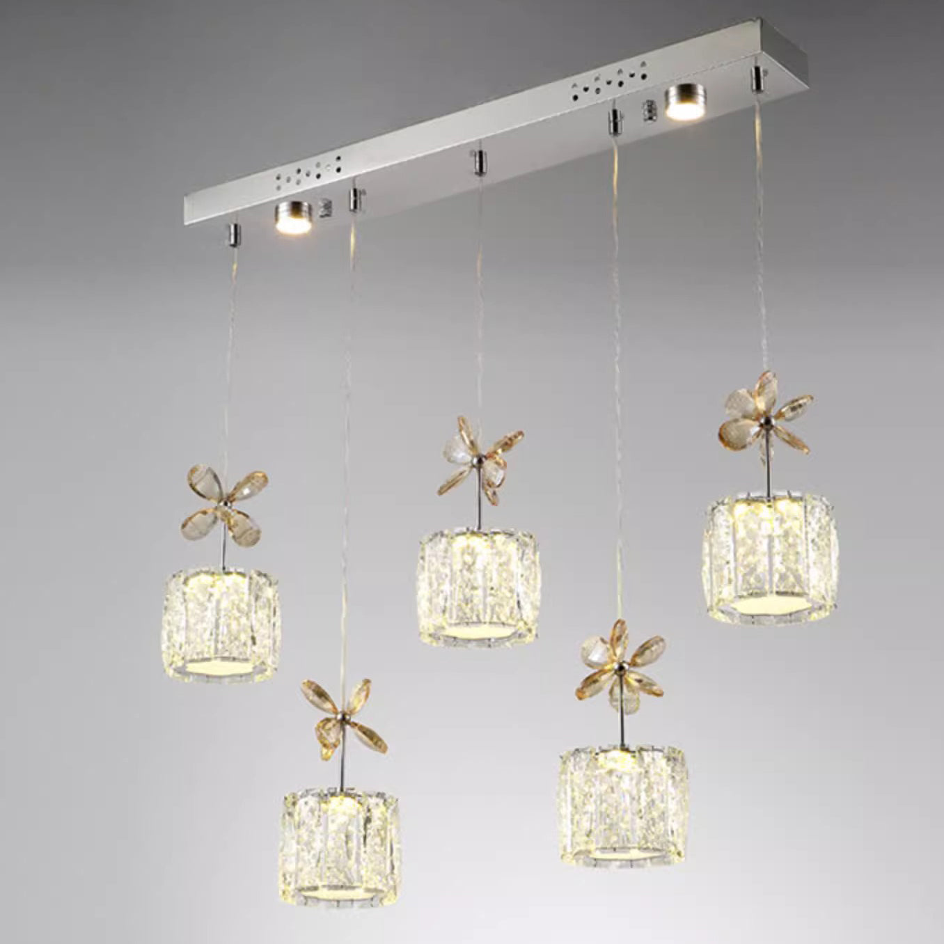 Modern Crystal Raindrop Cylinder Petal Chandelier — 5 + 2 - Linear Base / Infinitely Dimmable / Chrome - 220V-240V For UK/AU