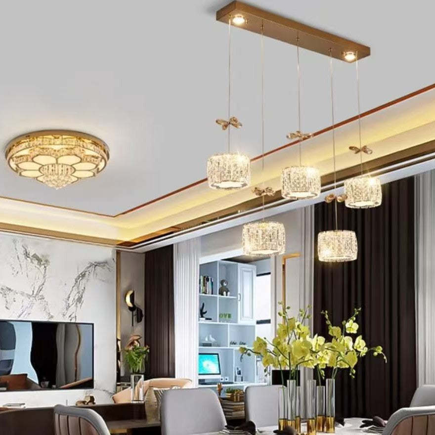 Modern Crystal Raindrop Cylinder Petal Chandelier — 3 + 3 - Round Base / Infinitely Dimmable / Gold - 220V-240V For UK/AU