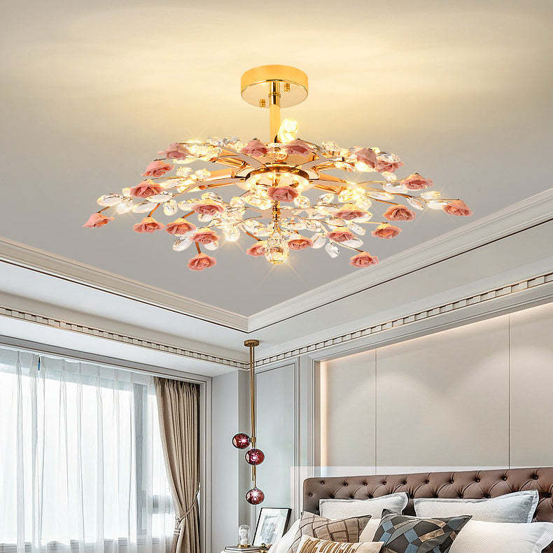 French rose 8-light blue semi-flush mount light, Lighom — Warm White (3000K) / Pink / 6-Light