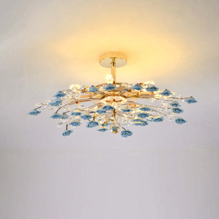French Ceramic Rose 6/7/8-Light Ceiling Light — 7 / Neutral Light (4000K) / Blue - 220V-240V For UK/AU