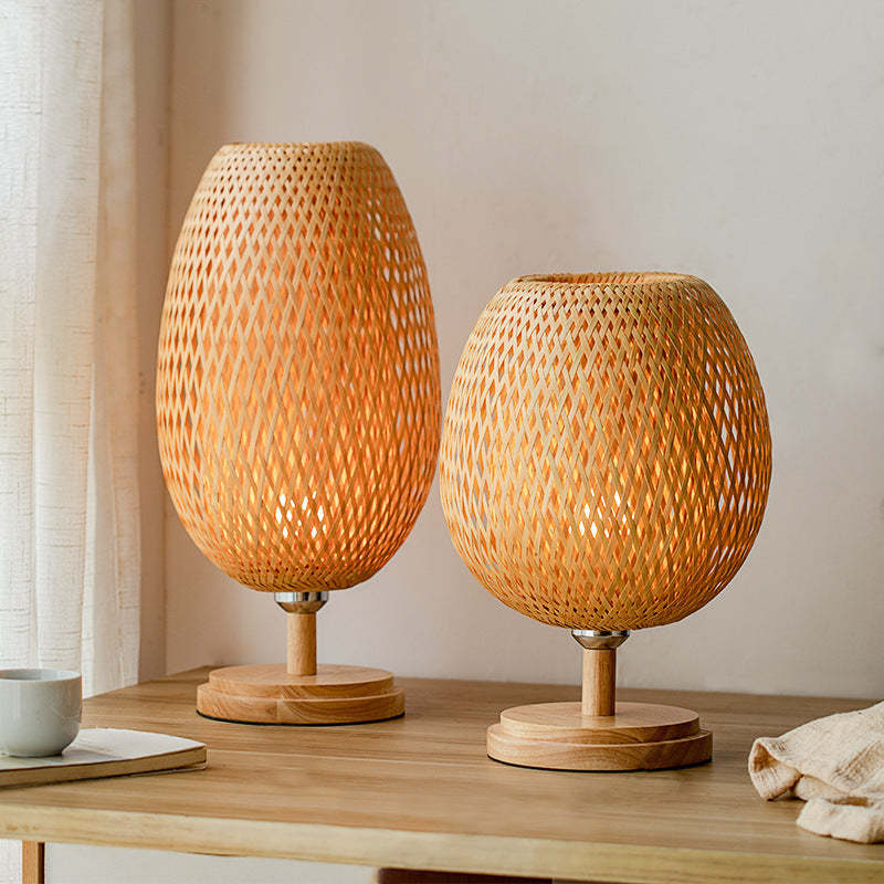 Japanese Woven Bamboo Wood Metal Oval Lamp
