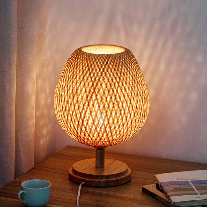 Japanese Woven Bamboo Wood Metal Oval Lamp