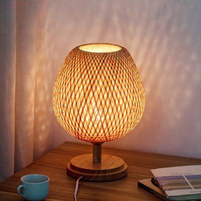 Japanese Woven Bamboo Wood Metal Oval Lamp