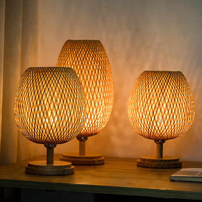 Japanese Woven Bamboo Wood Metal Oval Lamp