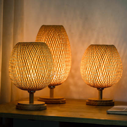 Japanese Woven Bamboo Wood Metal Oval Lamp