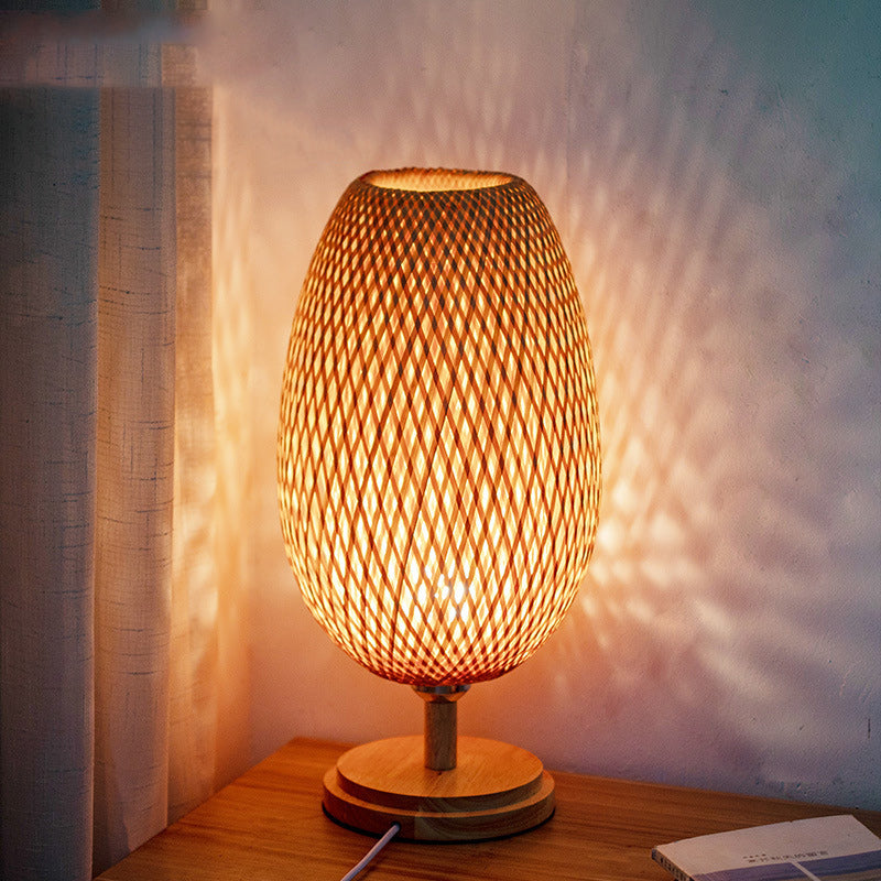 Japanese Woven Bamboo Wood Metal Oval Lamp