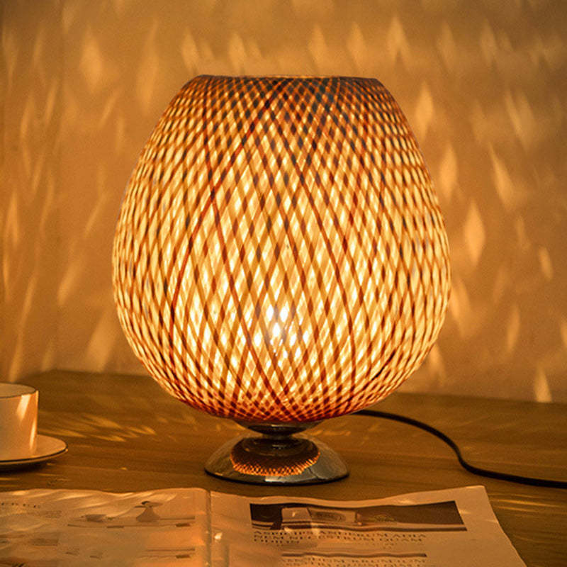 Japanese Woven Bamboo Wood Metal Oval Lamp