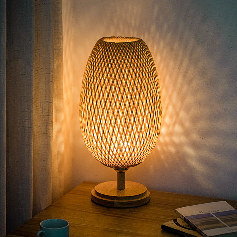 Japanese Woven Bamboo Wood Metal Oval Lamp