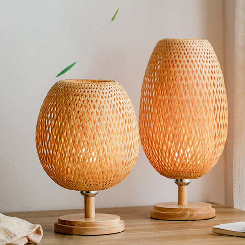 Japanese Woven Bamboo Wood Metal Oval Lamp