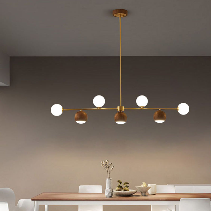 Nordic Walnut Brass Glass Ball LED Island Chandelier