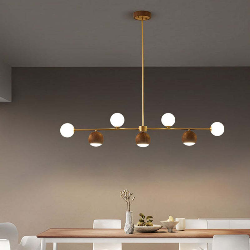Nordic Walnut Brass Glass Ball LED Island Chandelier
