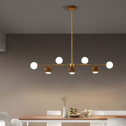 Nordic Walnut Brass Glass Ball LED Island Chandelier