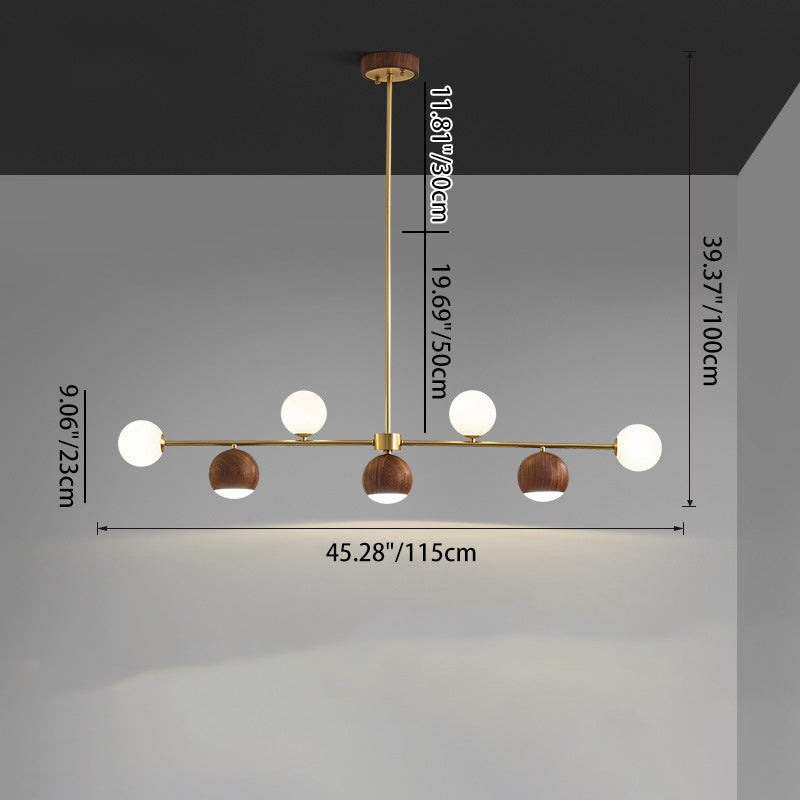 Nordic Walnut Brass Glass Ball LED Island Chandelier