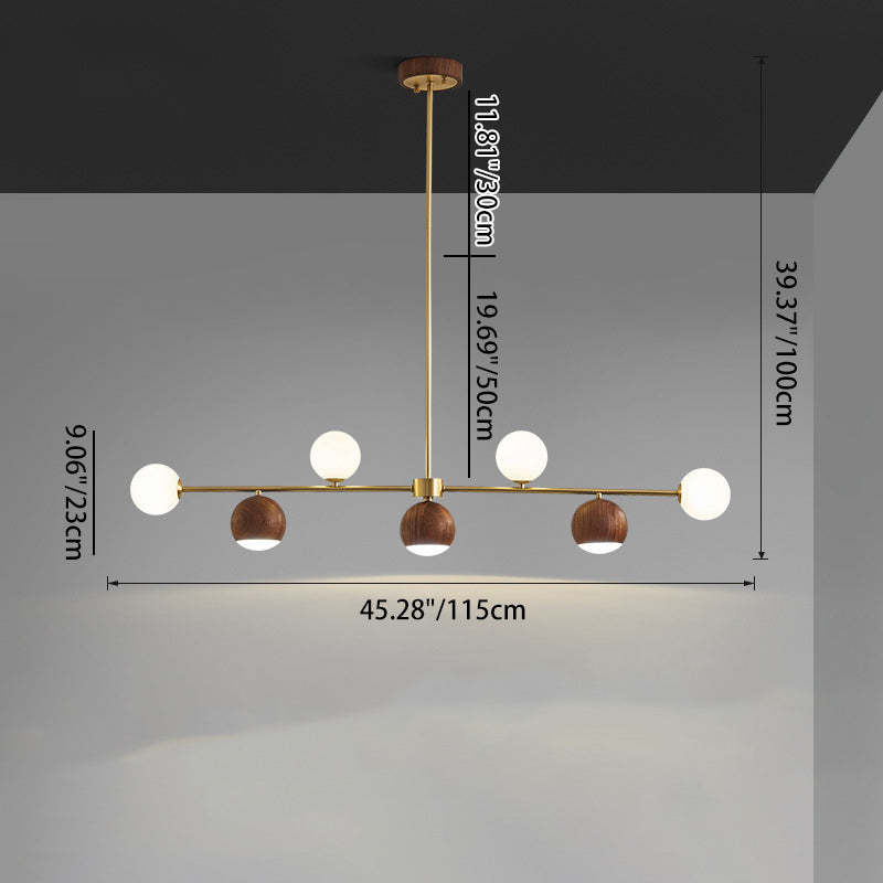 Nordic Walnut Brass Glass Ball LED Island Chandelier