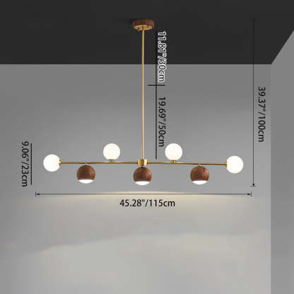 Nordic Walnut Brass Glass Ball LED Island Chandelier