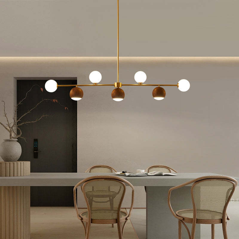 Nordic Walnut Brass Glass Ball LED Island Chandelier
