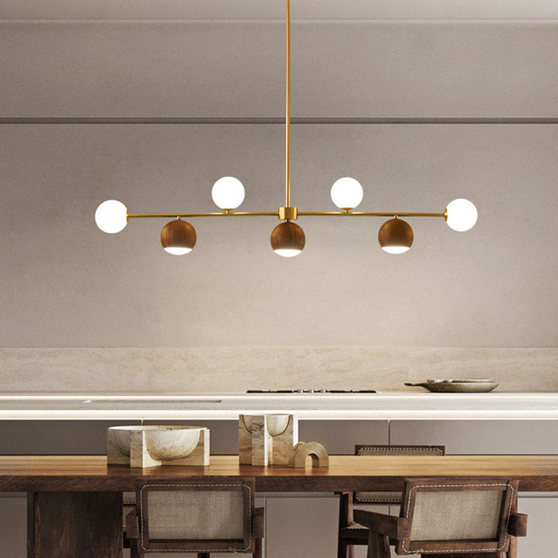 Nordic Walnut Brass Glass Ball LED Island Chandelier