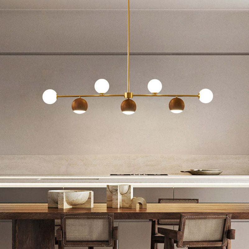 Nordic Walnut Brass Glass Ball LED Island Chandelier