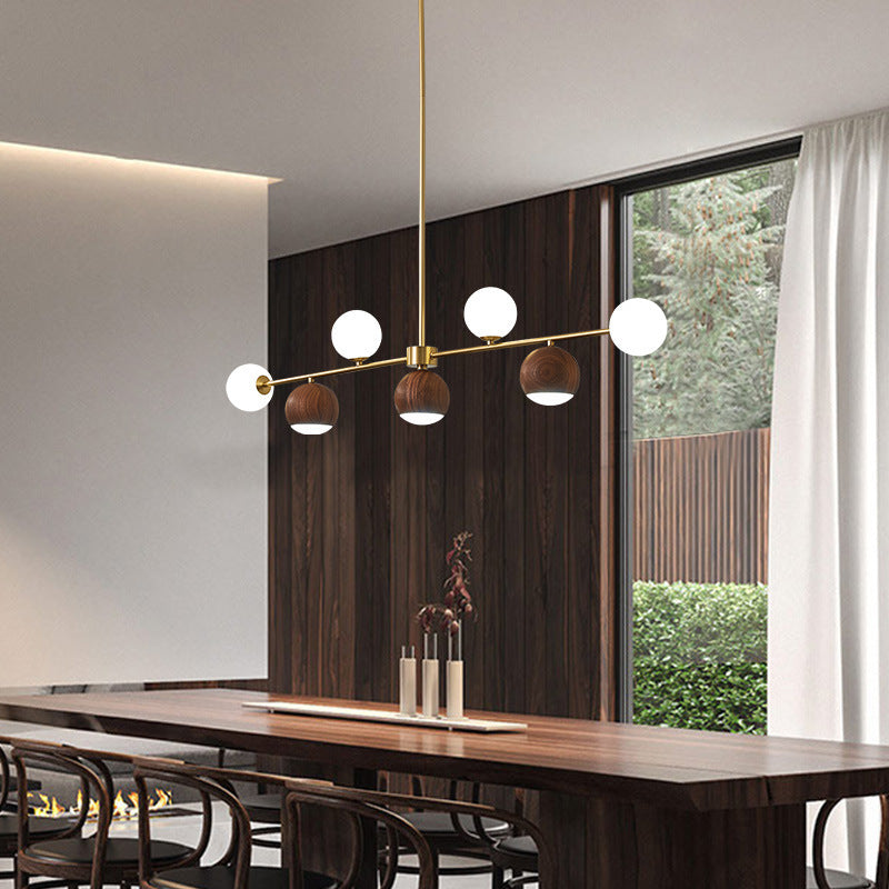 Nordic Walnut Brass Glass Ball LED Island Chandelier