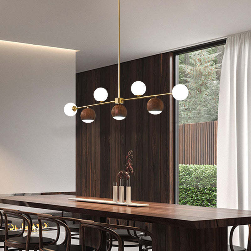 Nordic Walnut Brass Glass Ball LED Island Chandelier