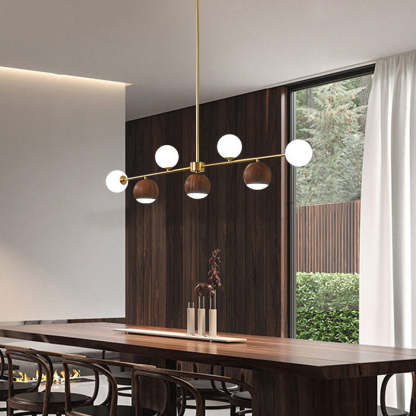 Nordic Walnut Brass Glass Ball LED Island Chandelier