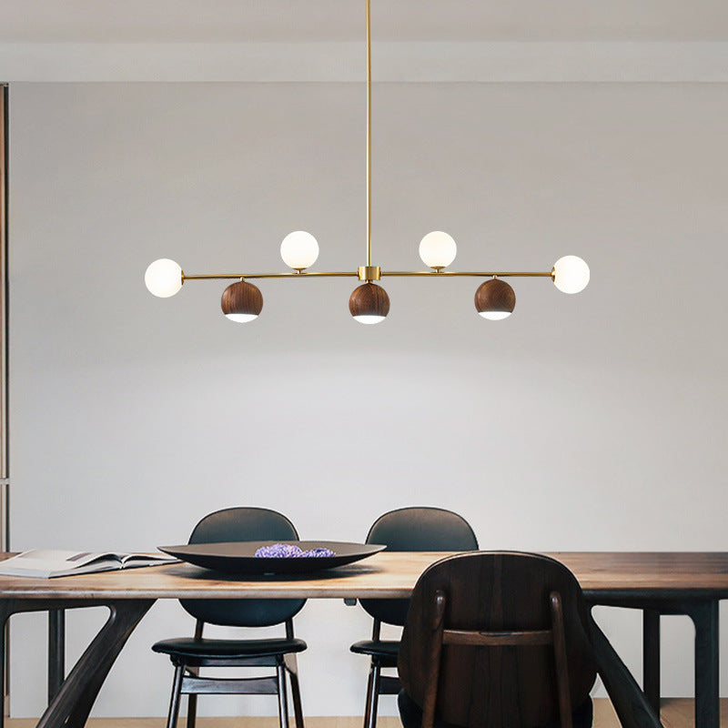 Nordic Walnut Brass Glass Ball LED Island Chandelier