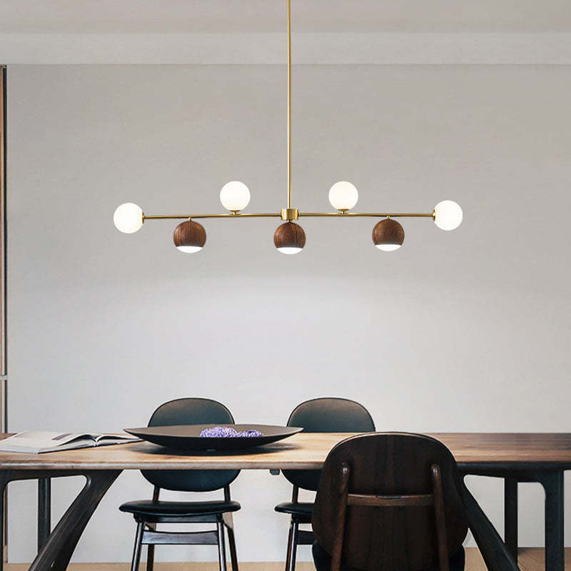 Nordic Walnut Brass Glass Ball LED Island Chandelier