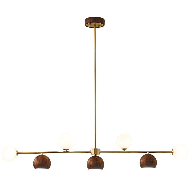 Nordic Walnut Brass Glass Ball LED Island Chandelier