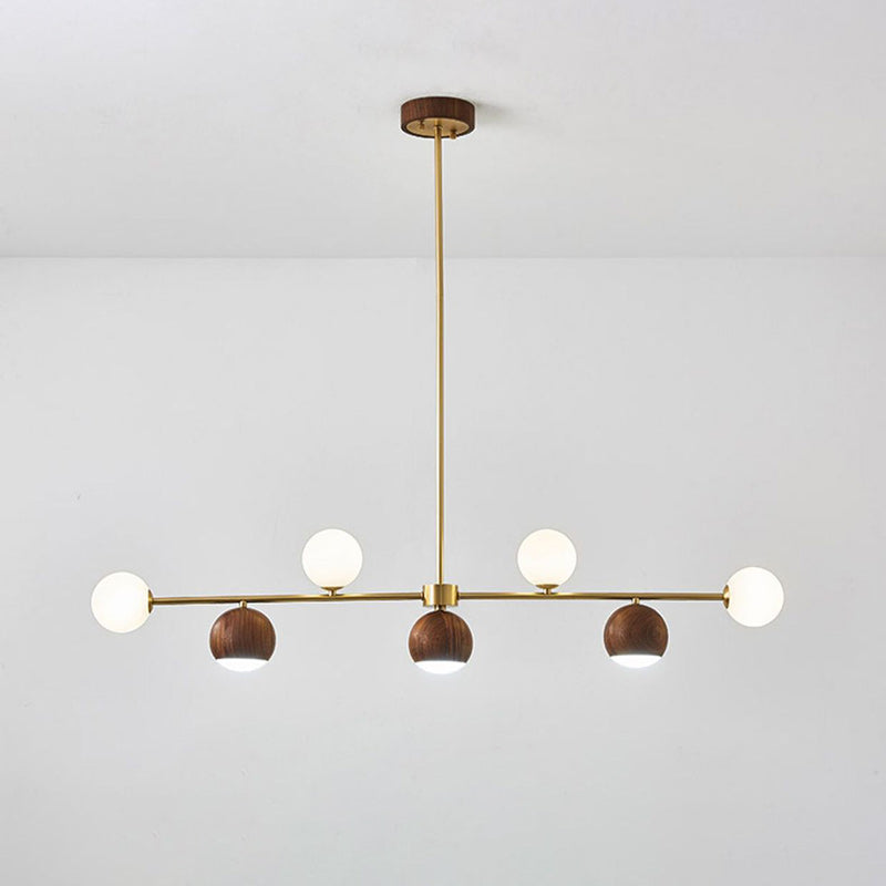 Nordic Walnut Brass Glass Ball LED Island Chandelier