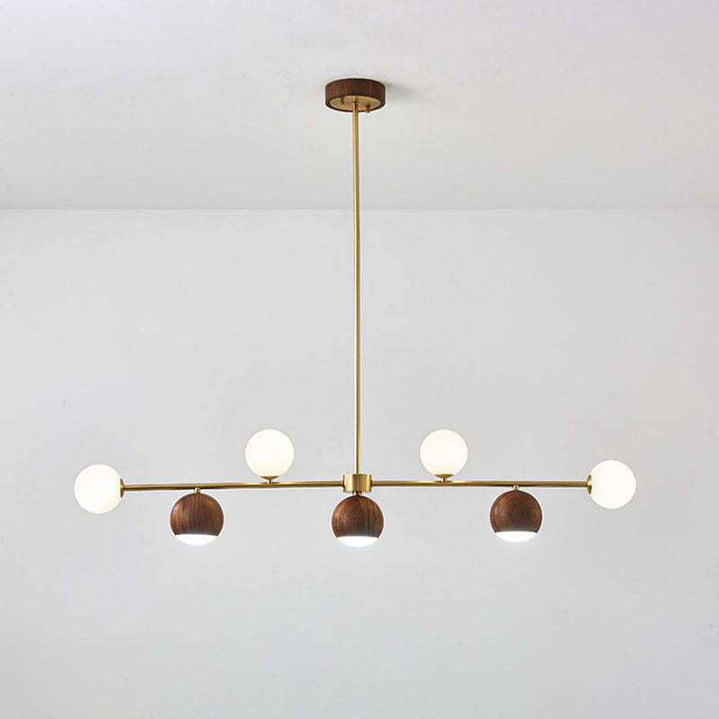 Nordic Walnut Brass Glass Ball LED Island Chandelier
