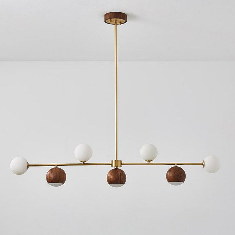 Nordic Walnut Brass Glass Ball LED Island Chandelier
