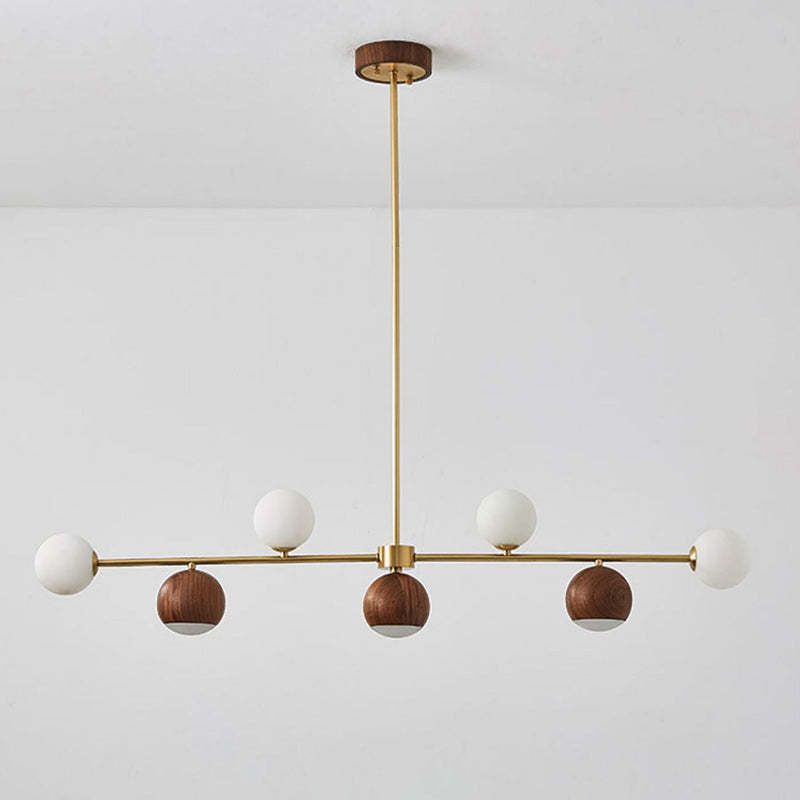 Nordic Walnut Brass Glass Ball LED Island Chandelier