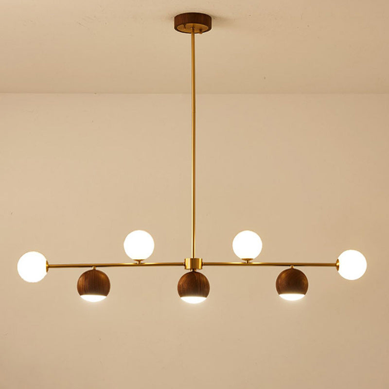 Nordic Walnut Brass Glass Ball LED Island Chandelier
