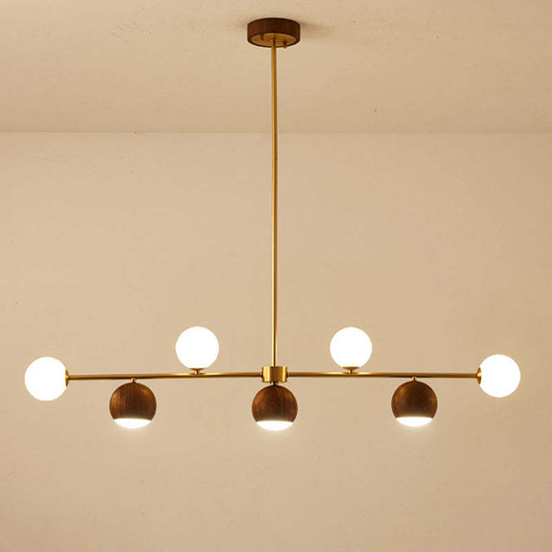 Nordic Walnut Brass Glass Ball LED Island Chandelier