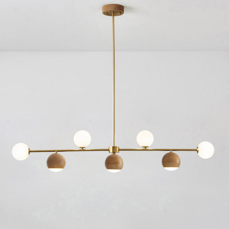 Nordic Walnut Brass Glass Ball LED Island Chandelier