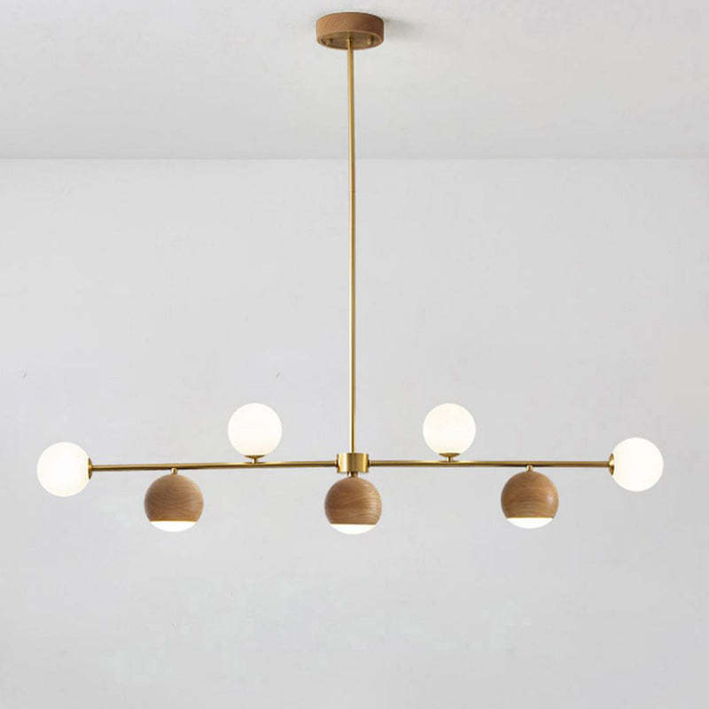 Nordic Walnut Brass Glass Ball LED Island Chandelier