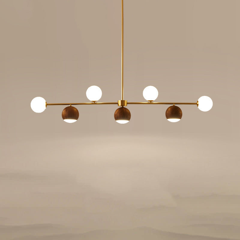 Nordic Walnut Brass Glass Ball LED Island Chandelier