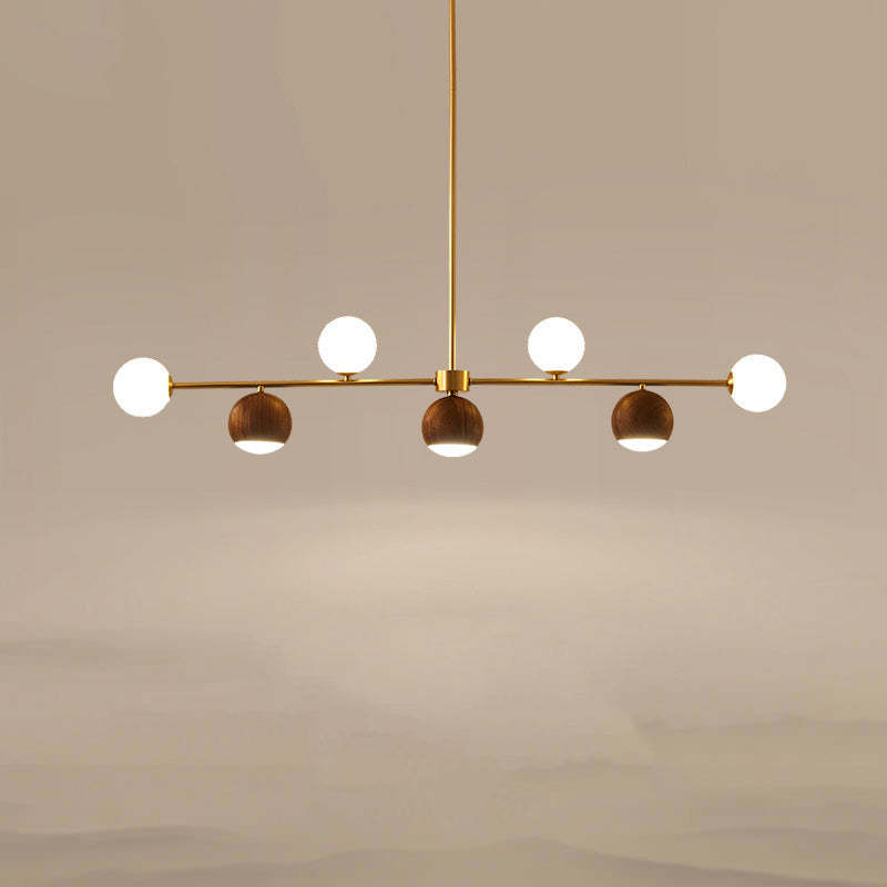 Nordic Walnut Brass Glass Ball LED Island Chandelier