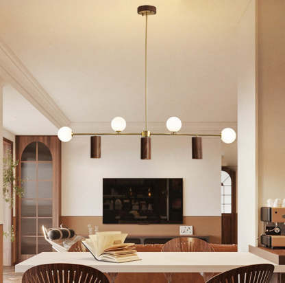 Nordic Walnut Brass Glass Ball LED Island Chandelier - Wod