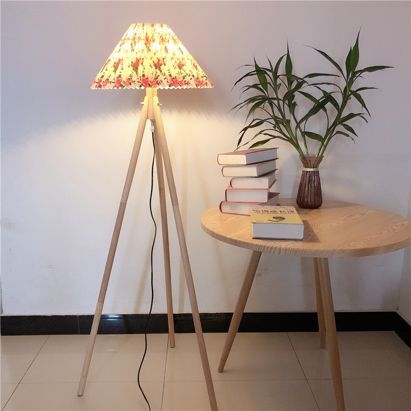 Nordic Wood Fabric Pleated Tripod Floor Lamp