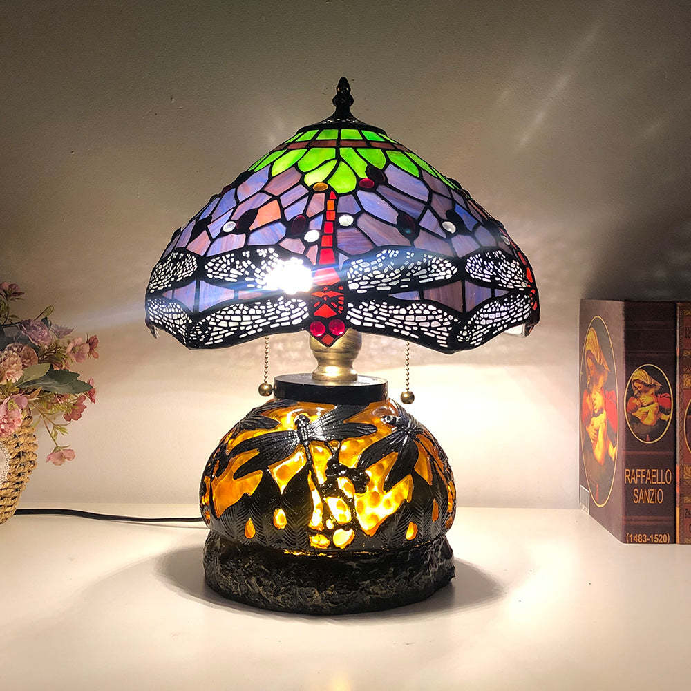 Traditional Tiffany Glass Resin Dragonfly Lamp — Orange & Blue / 110V-120V For US/CA