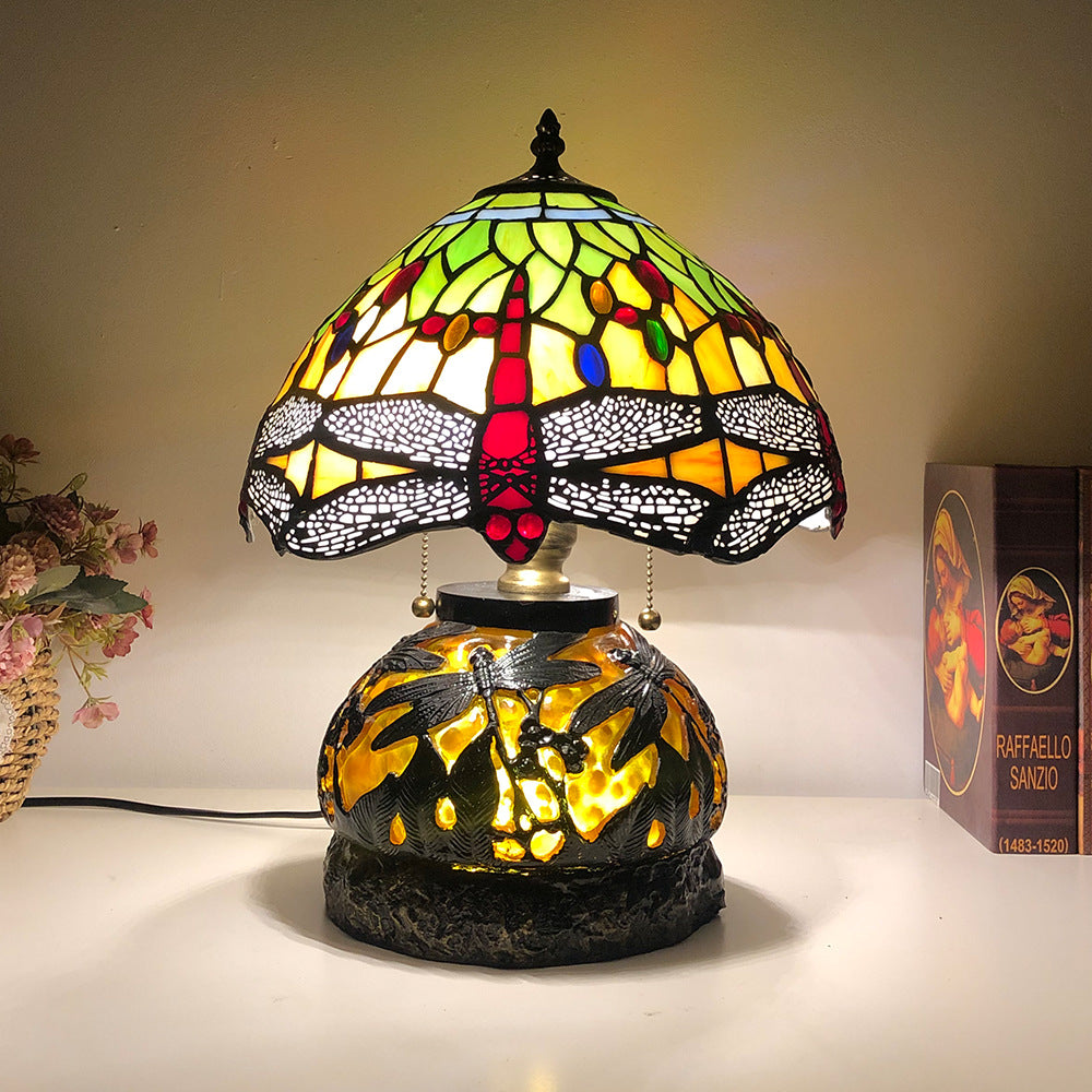 Traditional Tiffany Glass Resin Dragonfly Lamp — Red Tail / 110V-120V For US/CA