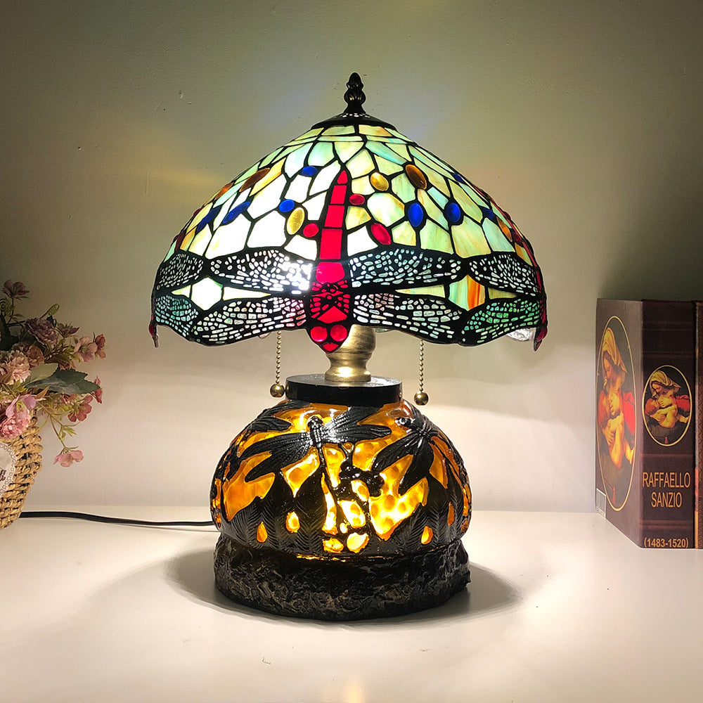 Traditional Tiffany Glass Resin Dragonfly Lamp — Red Tail / 220V-240V For UK/AU