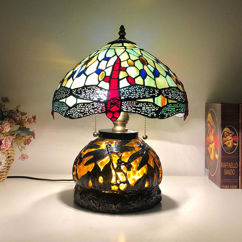 Traditional Tiffany Glass Resin Dragonfly Lamp — Red Tail / 220V-240V For UK/AU
