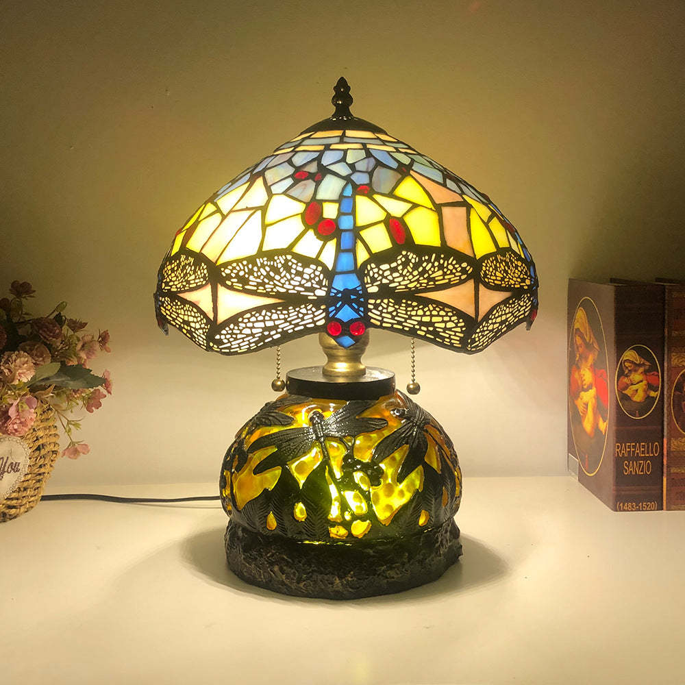 Traditional Tiffany Glass Resin Dragonfly Lamp — Blue Tail / 110V-120V For US/CA