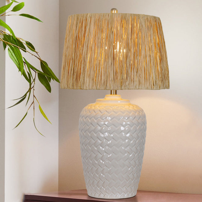 Rustic Ceramic Raffia Grid Jar Table Lamp