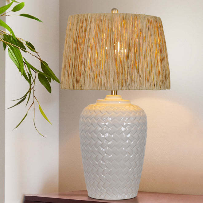 Rustic Ceramic Raffia Grid Jar Table Lamp