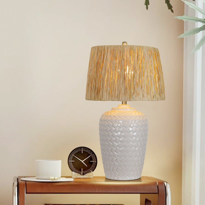Rustic Ceramic Raffia Grid Jar Table Lamp