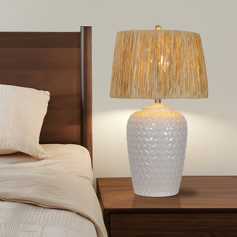 Rustic Ceramic Raffia Grid Jar Table Lamp