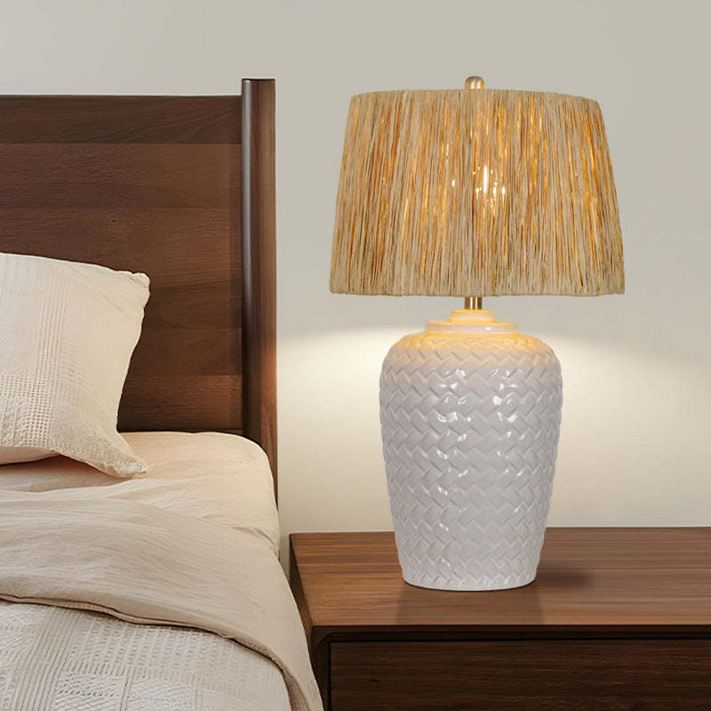 Rustic Ceramic Raffia Grid Jar Table Lamp